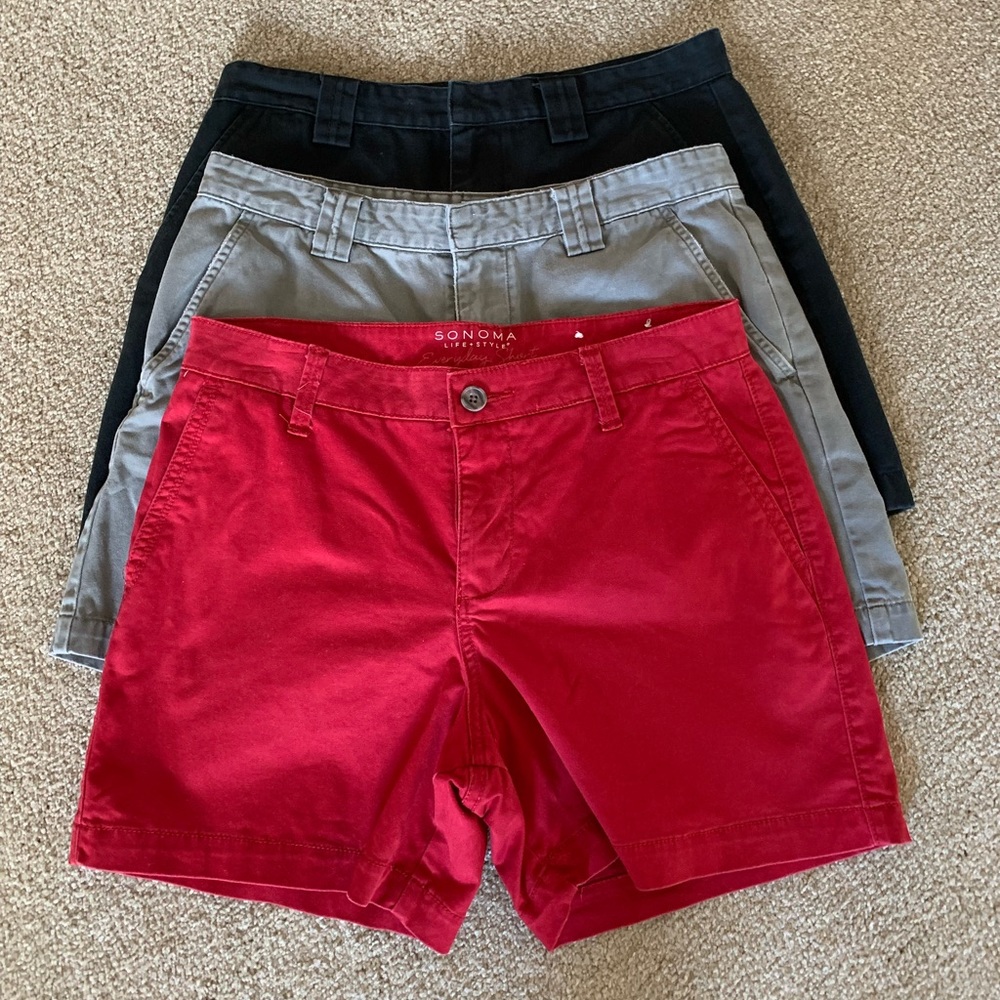 Woman’s shorts, black and gray are Calvin Klein size 8.  Red are Sonoma size 6.